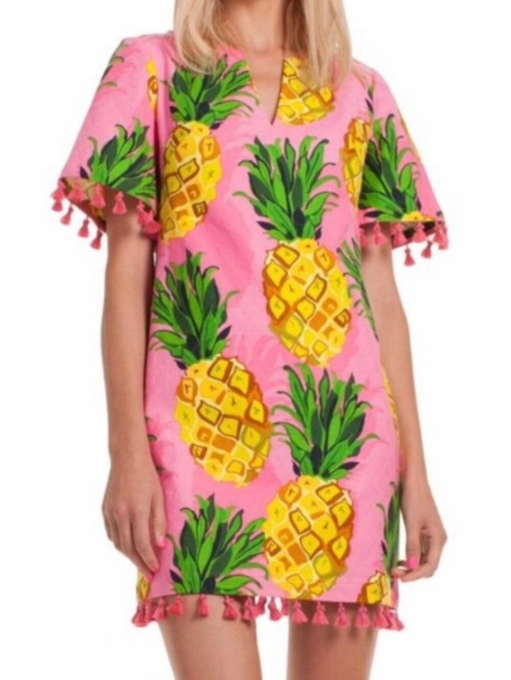 Trina Turk Raine 2 Pineapple Print Tassel Dress Pink Yellow Size 4